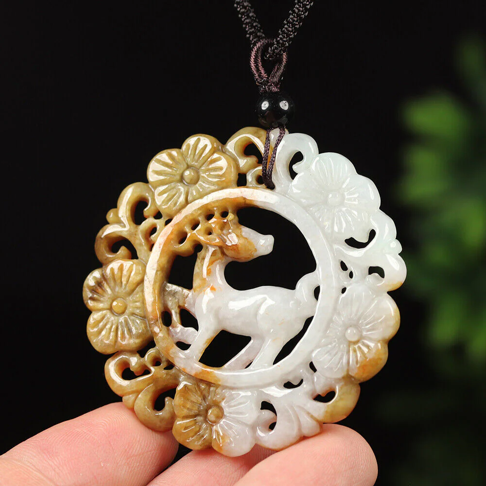 Certified Grade A Red Brown Green Natural Jadeite Jade Pendant Flower Deer - Image 4