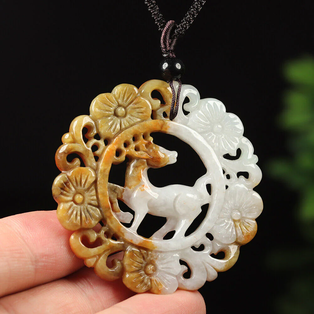 Certified Grade A Red Brown Green Natural Jadeite Jade Pendant Flower Deer - Image 6