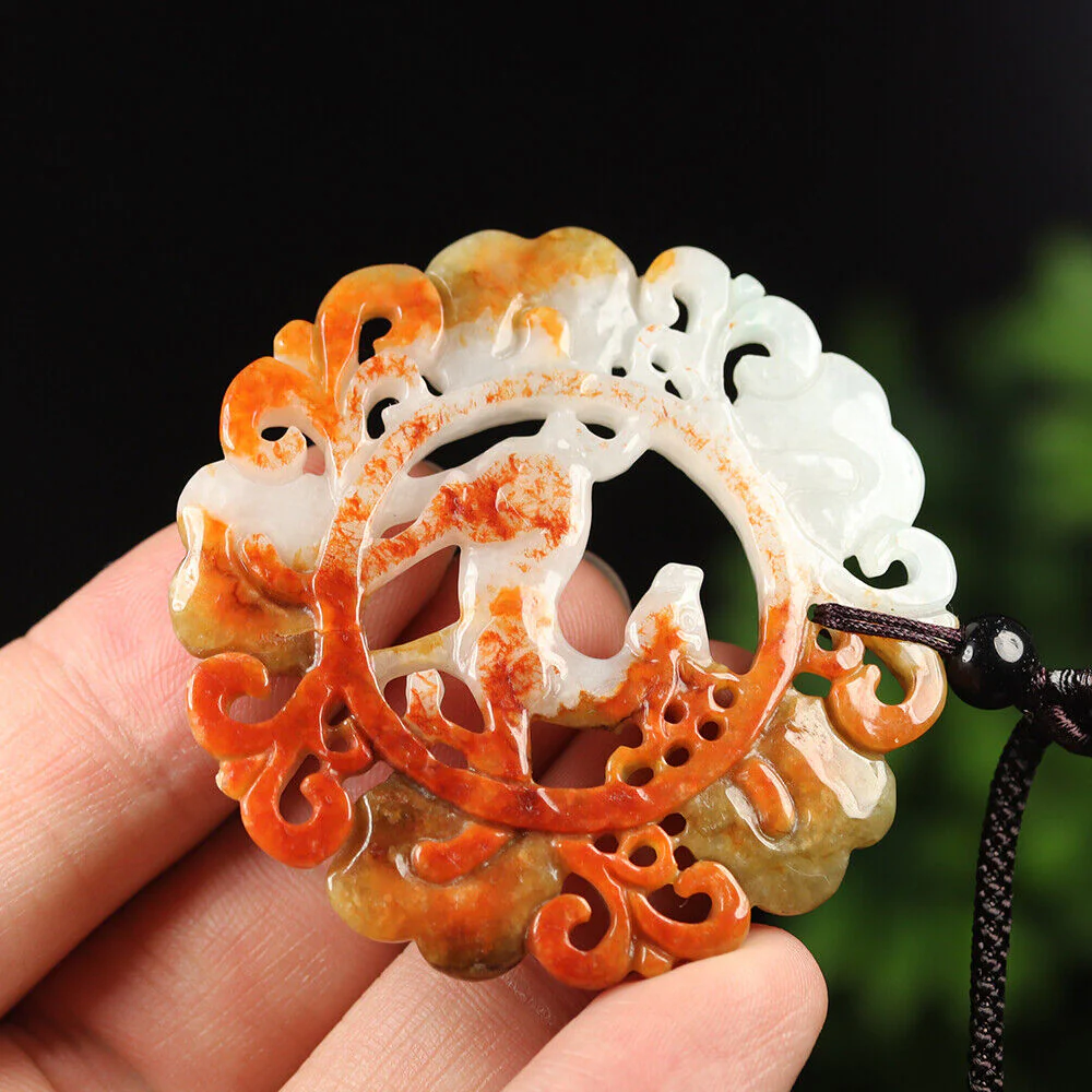 Certified Grade A Red Brown Green Natural Jadeite Jade Pendant Flower Deer - Image 7