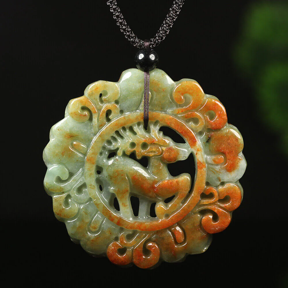 Certified Grade A Red Brown Green Natural Jadeite Jade Pendant Flower Deer Necklace - Image 2