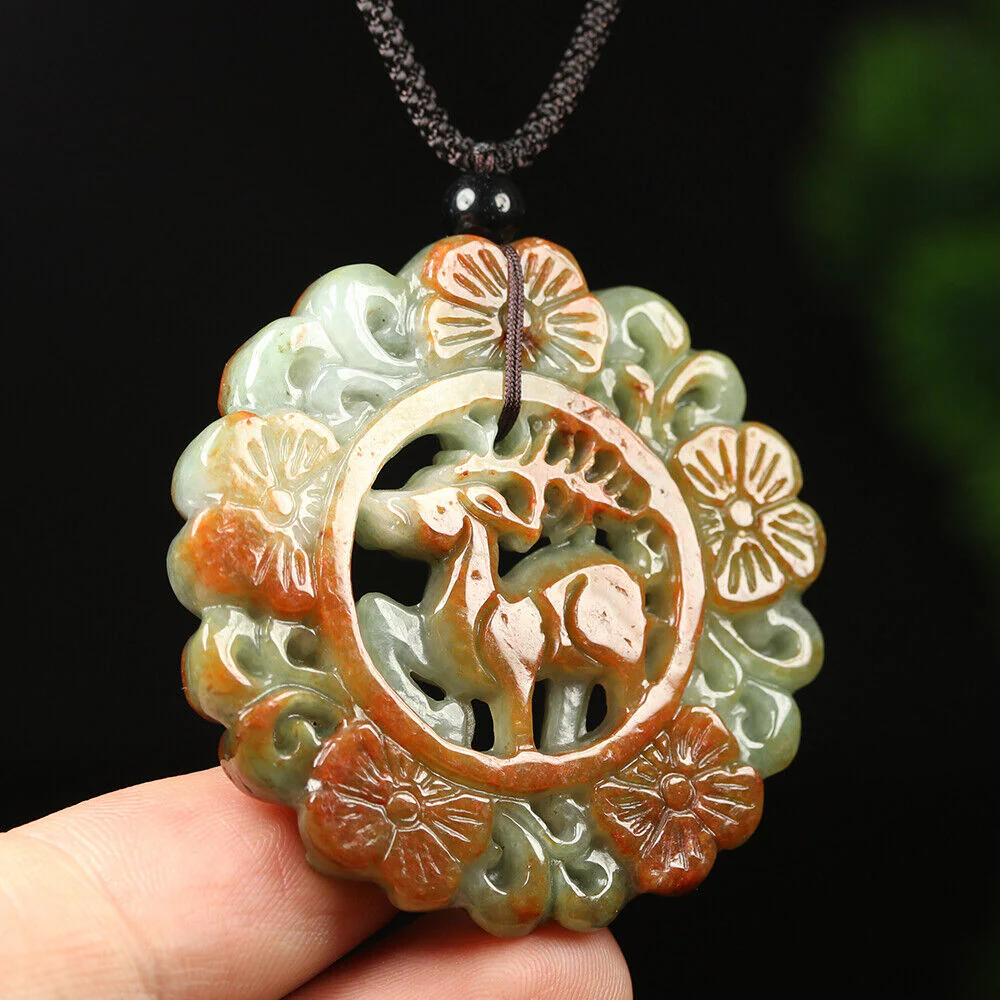 Certified Grade A Red Brown Green Natural Jadeite Jade Pendant Flower Deer Necklace - Image 3