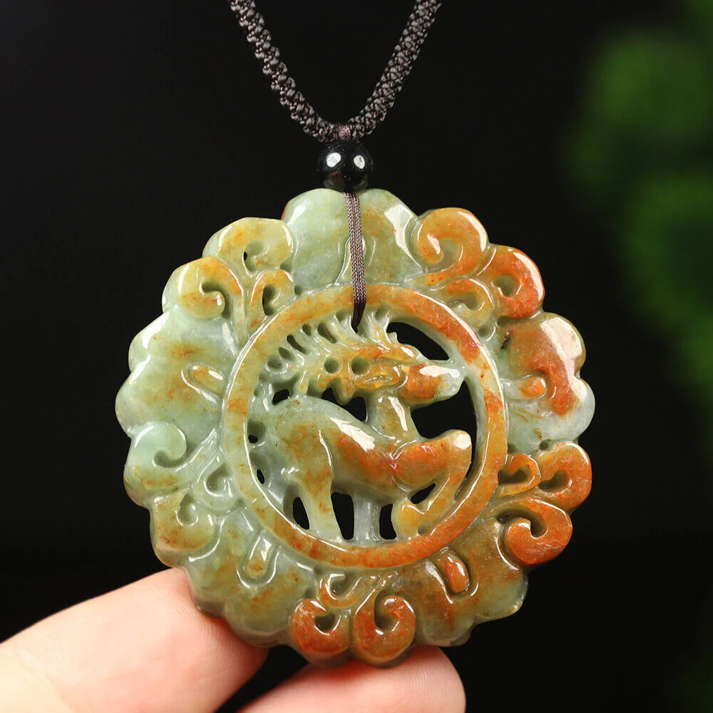 Certified Grade A Red Brown Green Natural Jadeite Jade Pendant Flower Deer Necklace - Image 4
