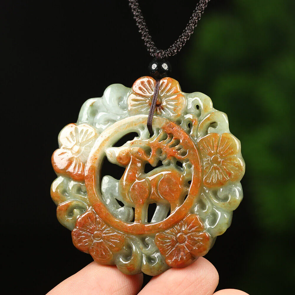 Certified Grade A Red Brown Green Natural Jadeite Jade Pendant Flower Deer Necklace - Image 5