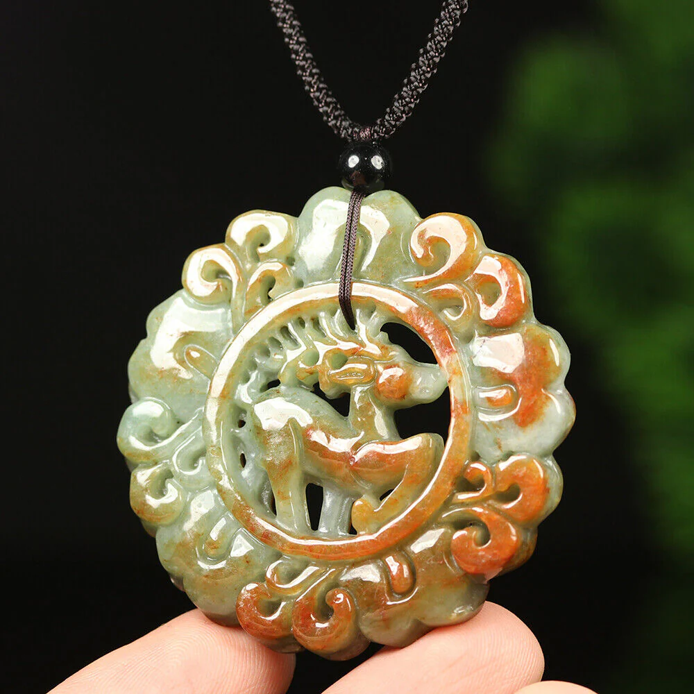 Certified Grade A Red Brown Green Natural Jadeite Jade Pendant Flower Deer Necklace - Image 6