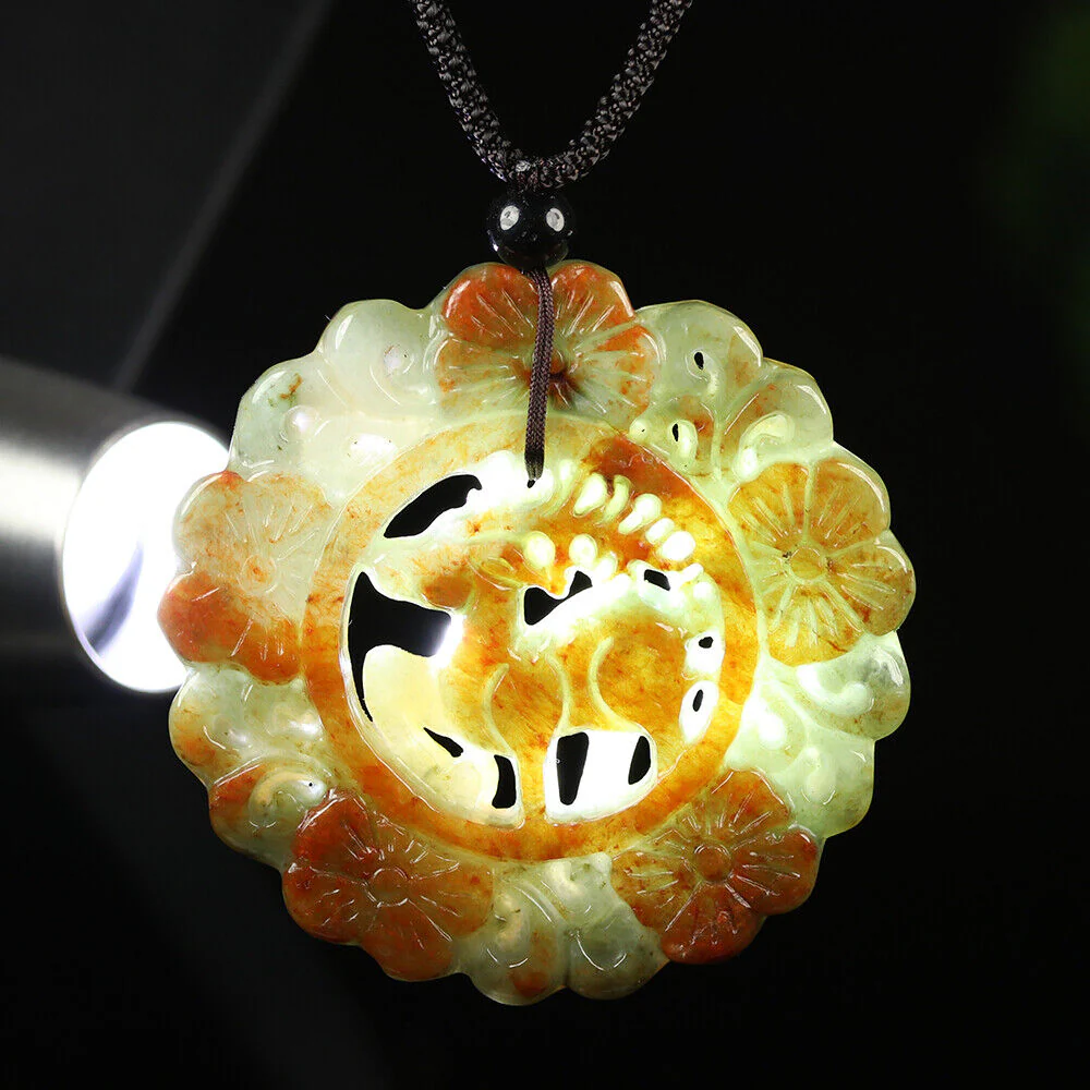 Certified Grade A Red Brown Green Natural Jadeite Jade Pendant Flower Deer Necklace - Image 7
