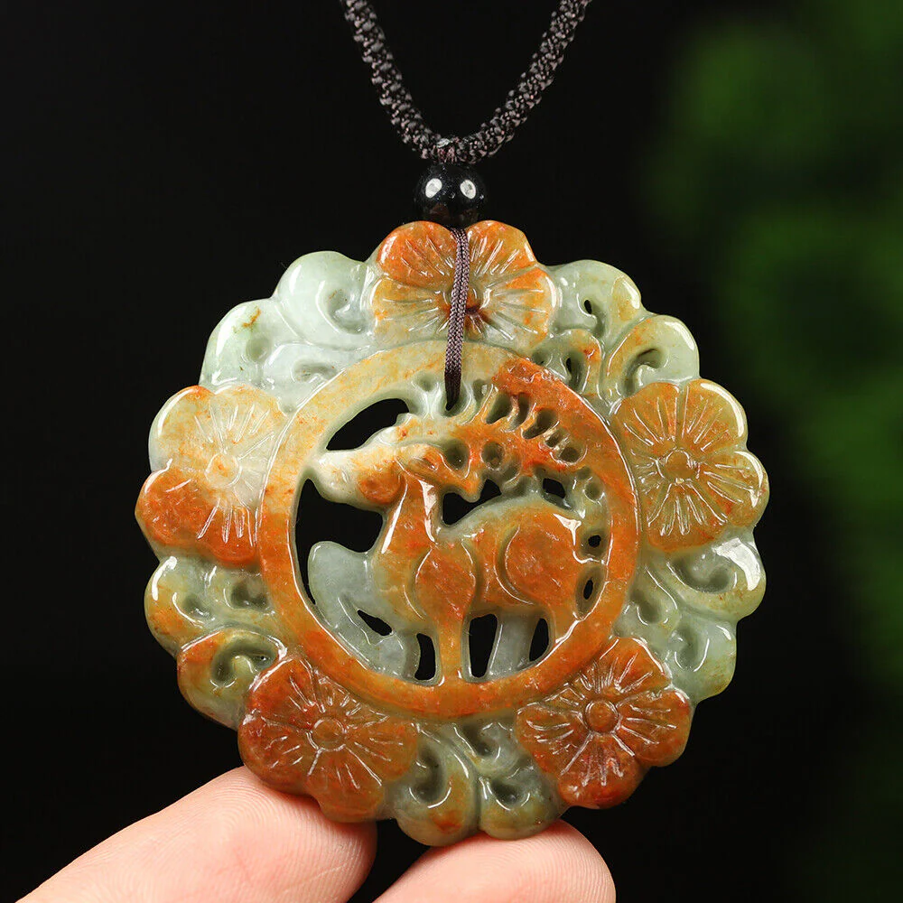 Certified Grade A Red Brown Green Natural Jadeite Jade Pendant Flower Deer Necklace - Image 8