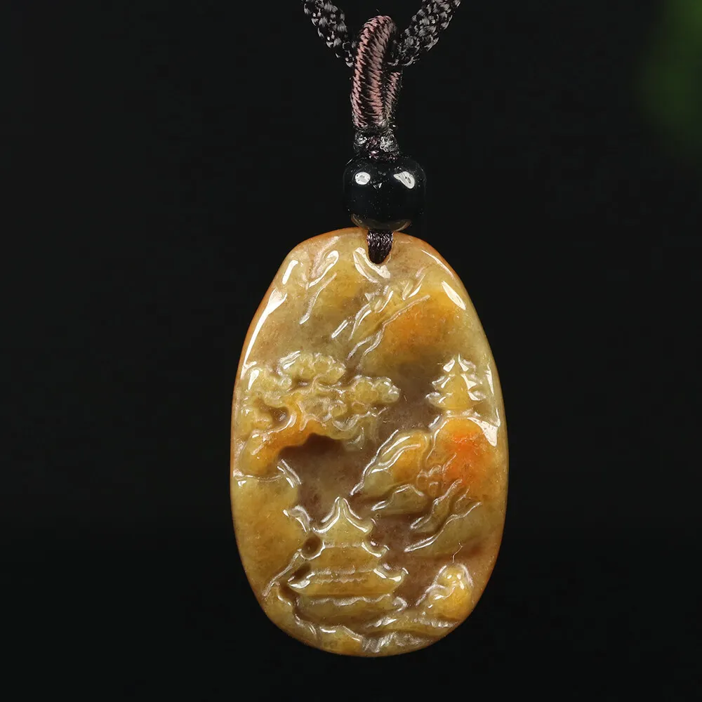Certified Grade A Red Brown Natural Jadeite Jade Pendant Landscape Necklace - Image 15