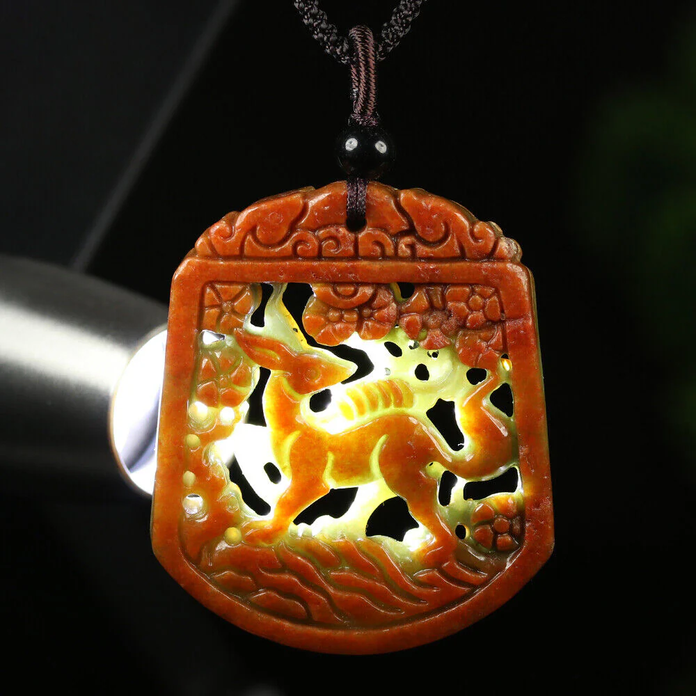 Certified Grade A Red Green Natural Jade Jadeite Pendant Fox Flower Necklace - Image 12