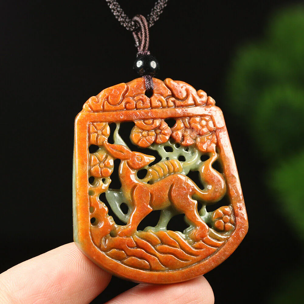 Certified Grade A Red Green Natural Jade Jadeite Pendant Fox Flower Necklace - Image 3