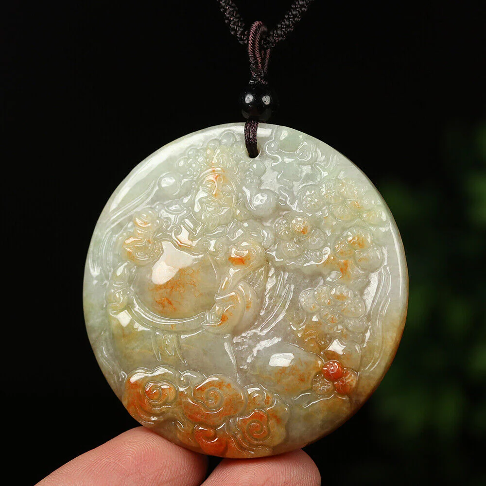 Certified Grade A Red Green Natural Jade Jadeite Pendant Money God Flower Necklace - Image 2