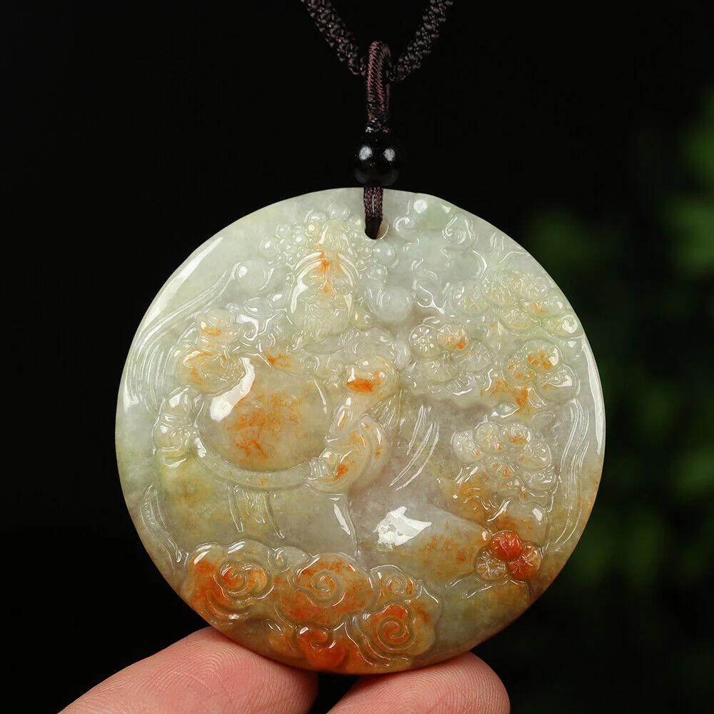 Certified Grade A Red Green Natural Jade Jadeite Pendant Money God Flower Necklace - Image 3