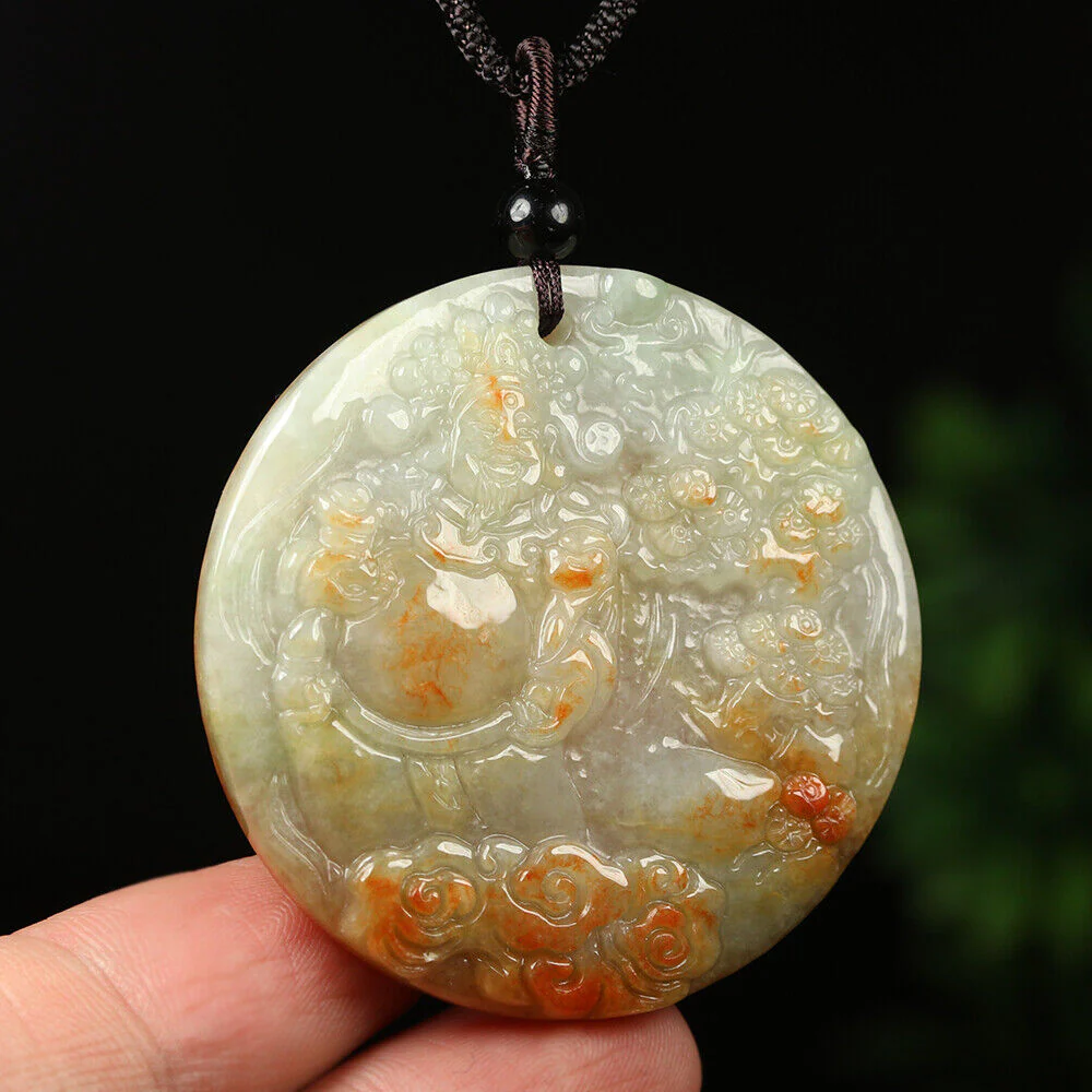 Certified Grade A Red Green Natural Jade Jadeite Pendant Money God Flower Necklace - Image 4