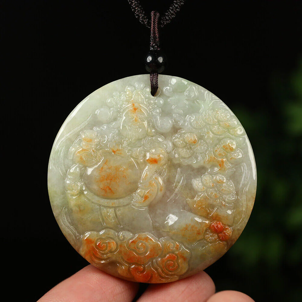 Certified Grade A Red Green Natural Jade Jadeite Pendant Money God Flower Necklace - Image 5