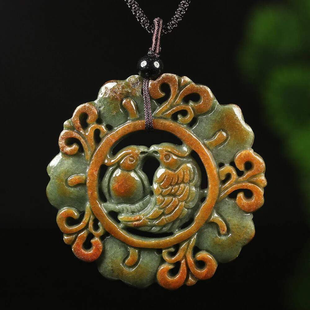 Certified Grade A Red Green Natural Jadeite Jade Pendant Birds Flower Necklace - Image 2