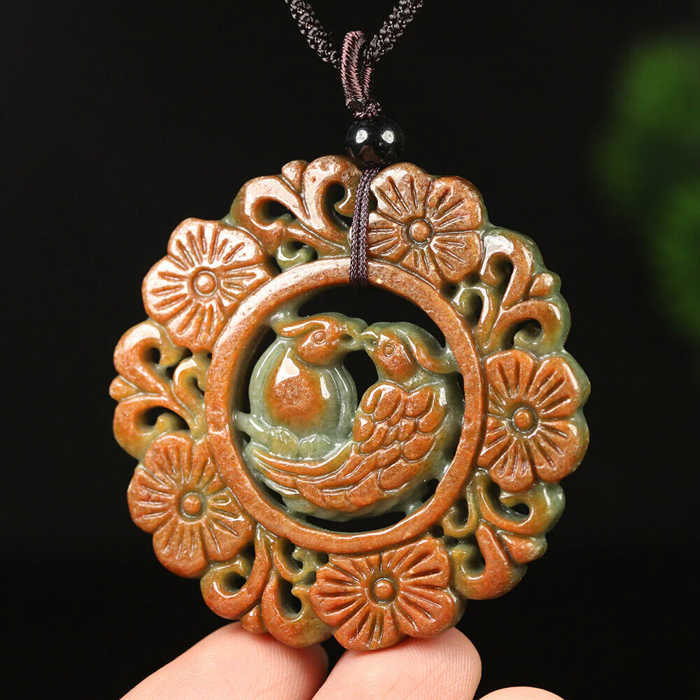 Certified Grade A Red Green Natural Jadeite Jade Pendant Birds Flower Necklace - Image 3