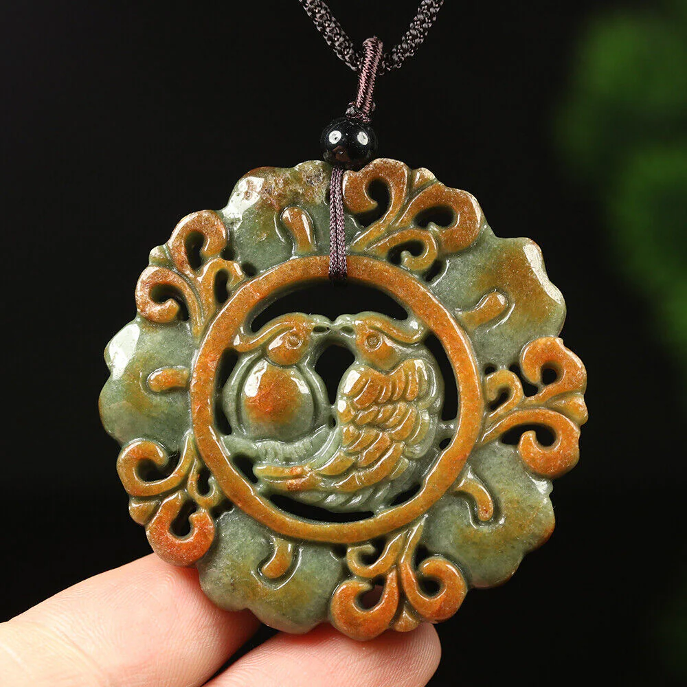 Certified Grade A Red Green Natural Jadeite Jade Pendant Birds Flower Necklace - Image 4