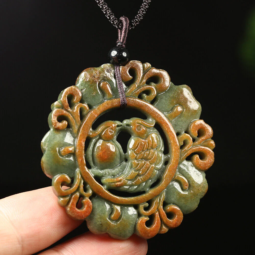 Certified Grade A Red Green Natural Jadeite Jade Pendant Birds Flower Necklace - Image 5