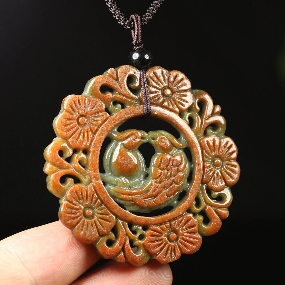 Certified Grade A Red Green Natural Jadeite Jade Pendant Birds Flower Necklace - Image 6