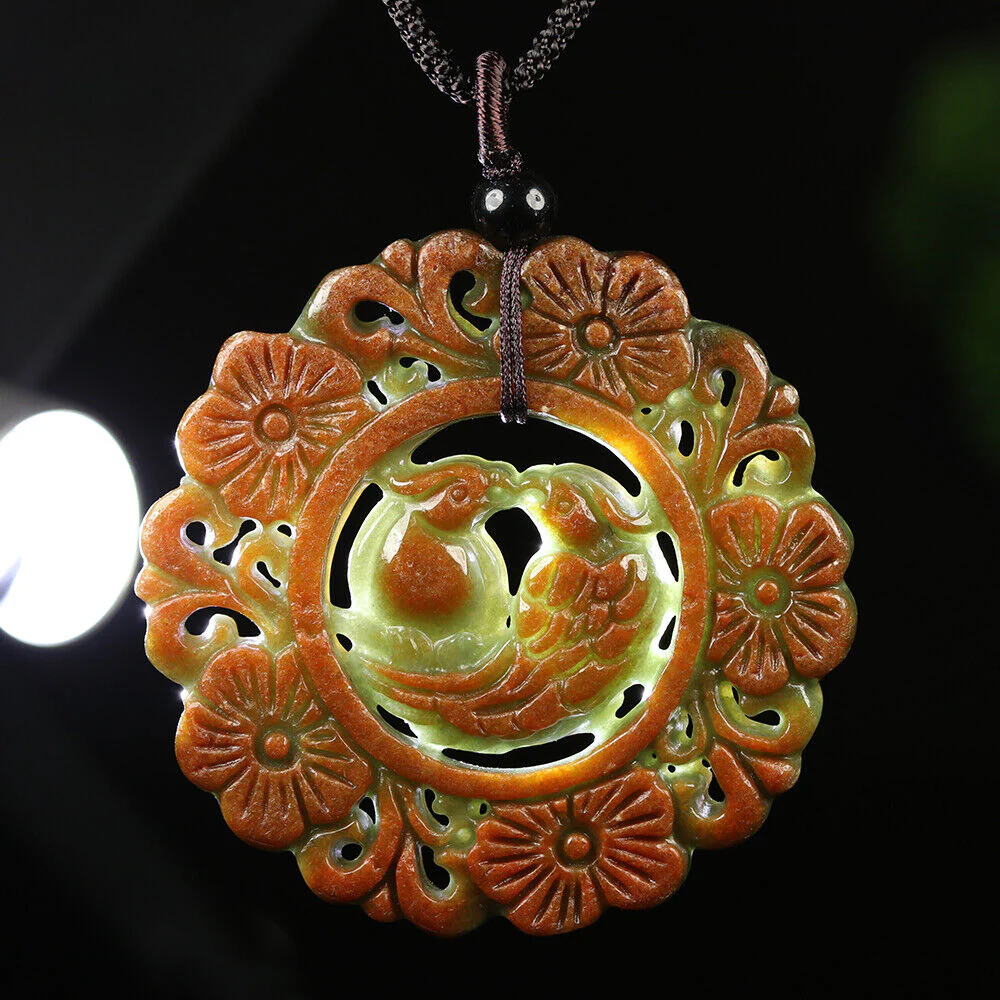 Certified Grade A Red Green Natural Jadeite Jade Pendant Birds Flower Necklace - Image 7