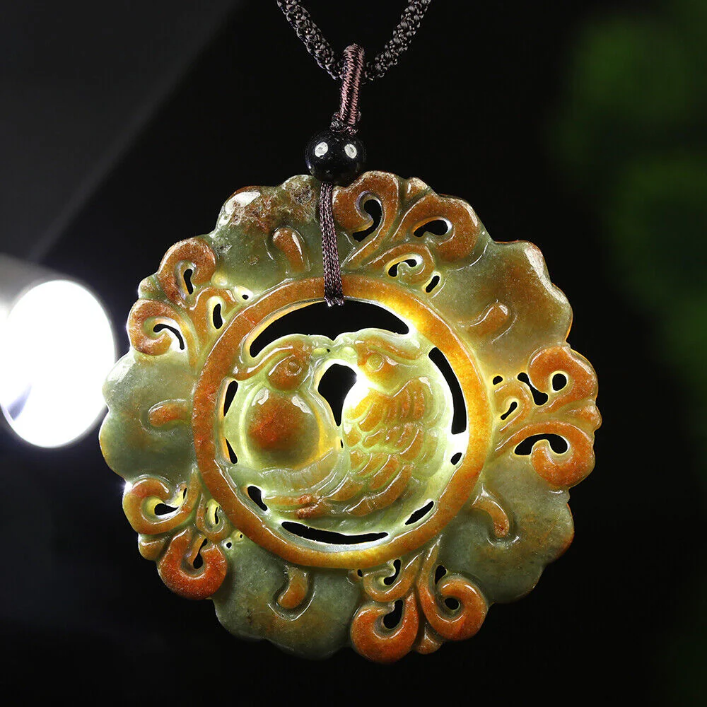 Certified Grade A Red Green Natural Jadeite Jade Pendant Birds Flower Necklace - Image 8