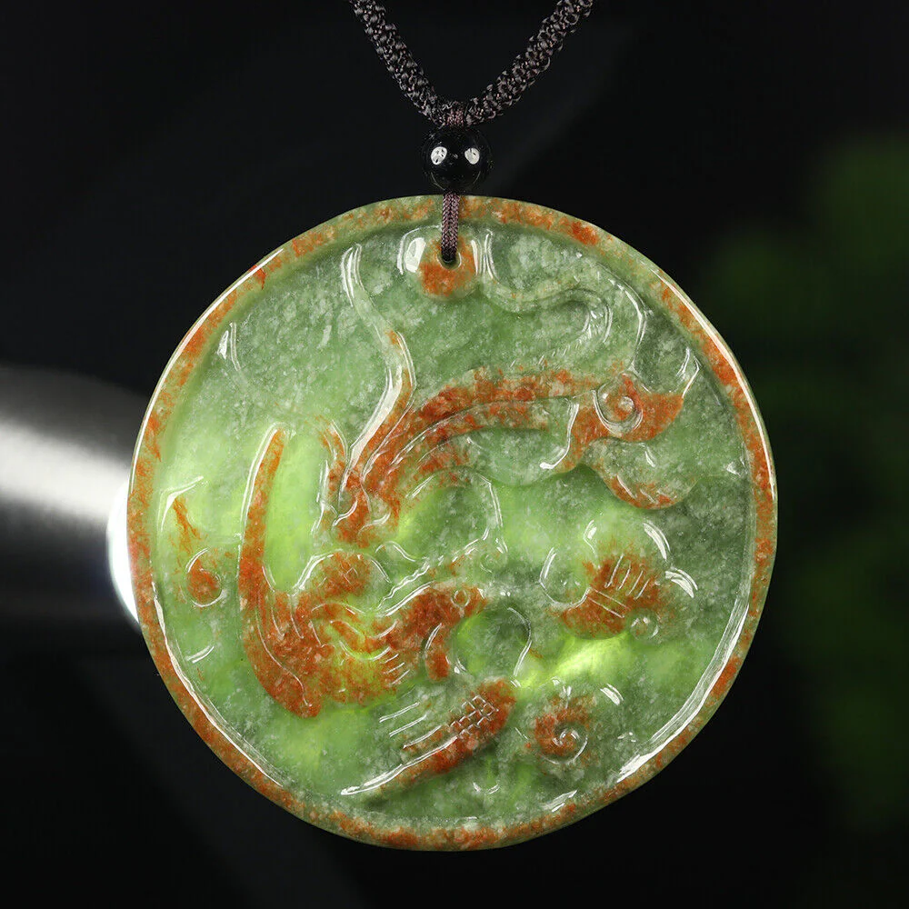 Certified Grade A Red Green Natural Jadeite Jade Pendant Dragon Phoenix - Image 11