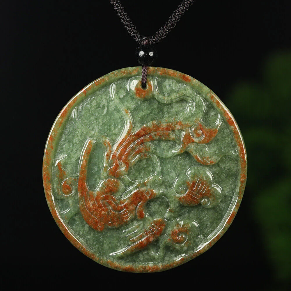 Certified Grade A Red Green Natural Jadeite Jade Pendant Dragon Phoenix - Image 2