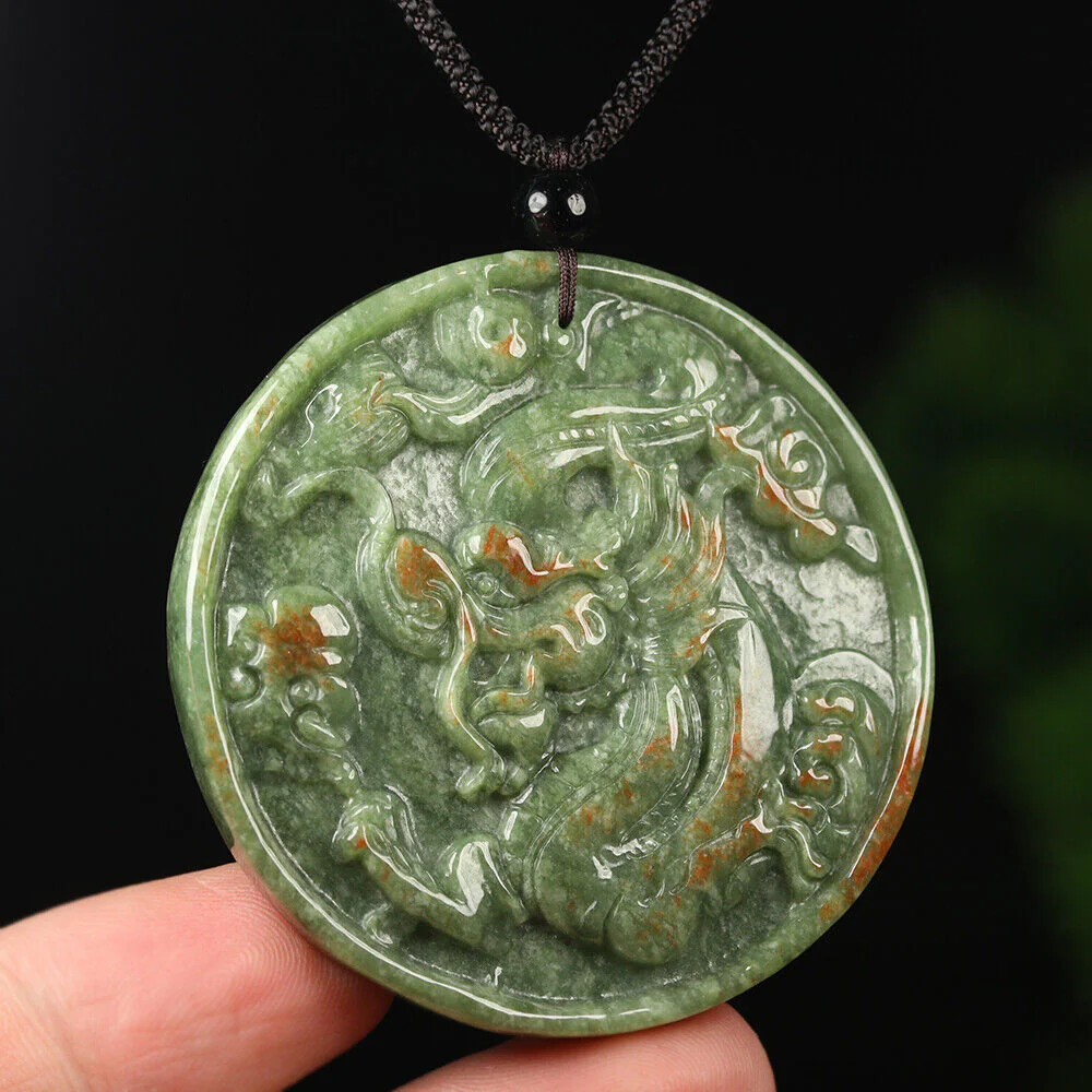 Certified Grade A Red Green Natural Jadeite Jade Pendant Dragon Phoenix - Image 3