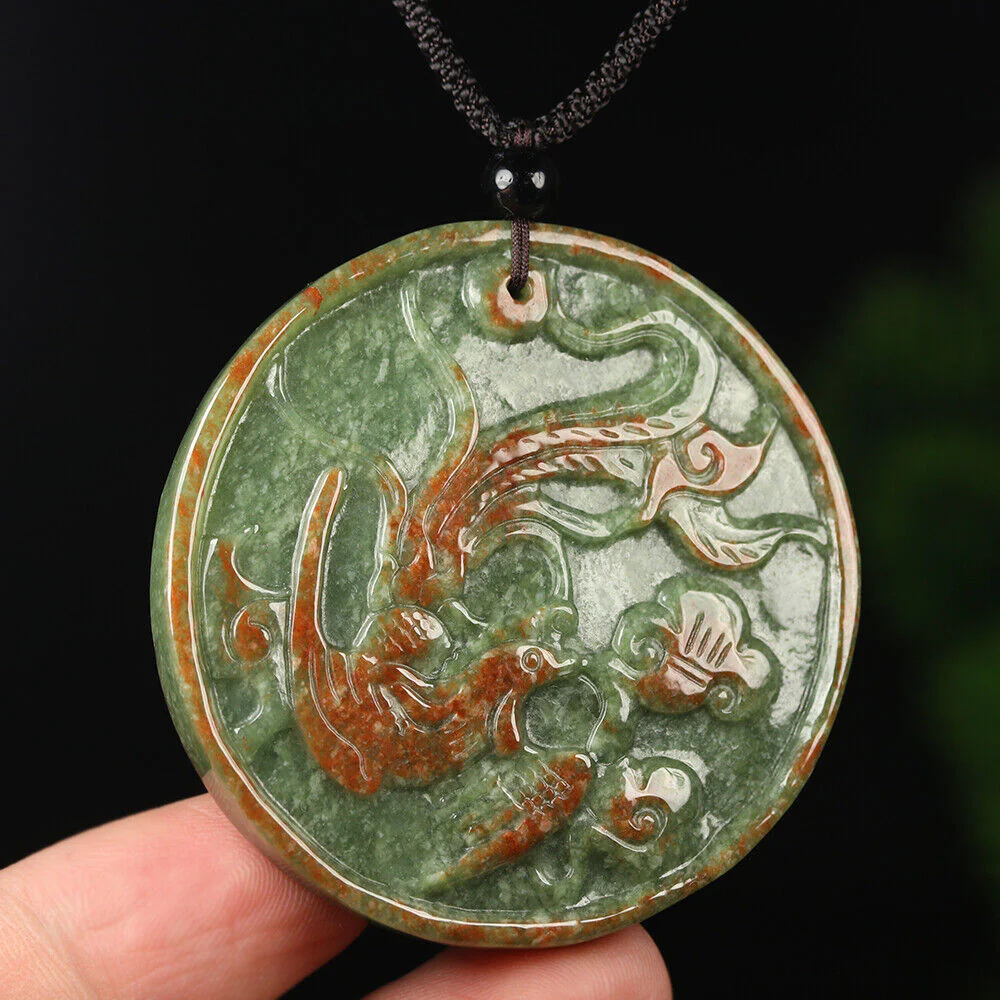 Certified Grade A Red Green Natural Jadeite Jade Pendant Dragon Phoenix - Image 4