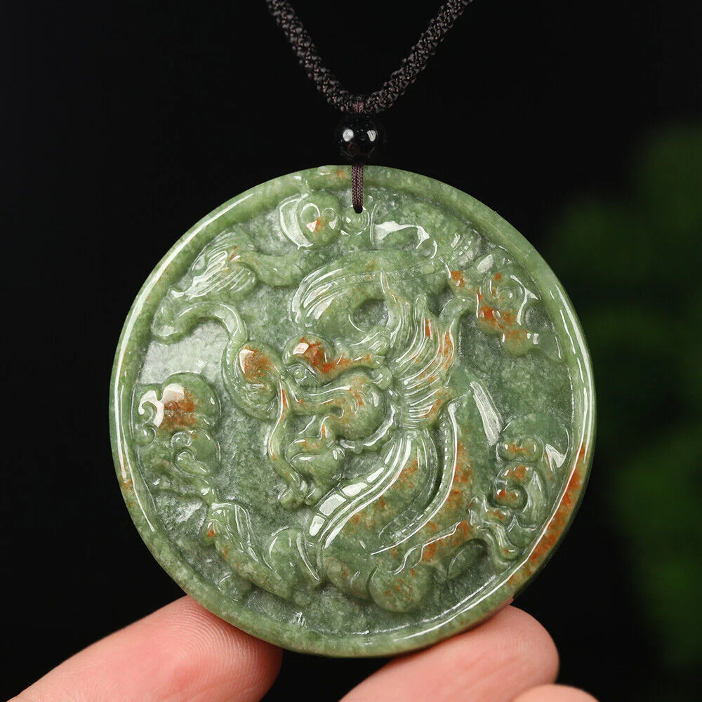 Certified Grade A Red Green Natural Jadeite Jade Pendant Dragon Phoenix - Image 5