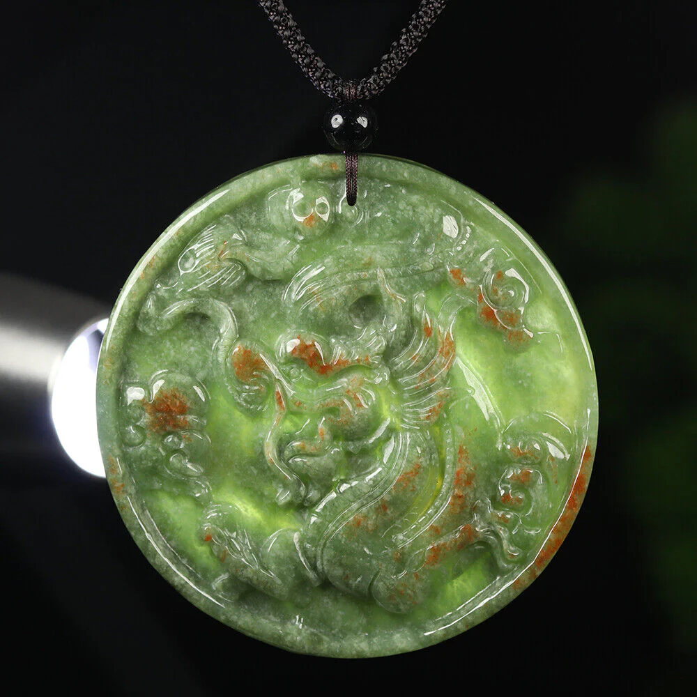Certified Grade A Red Green Natural Jadeite Jade Pendant Dragon Phoenix - Image 9