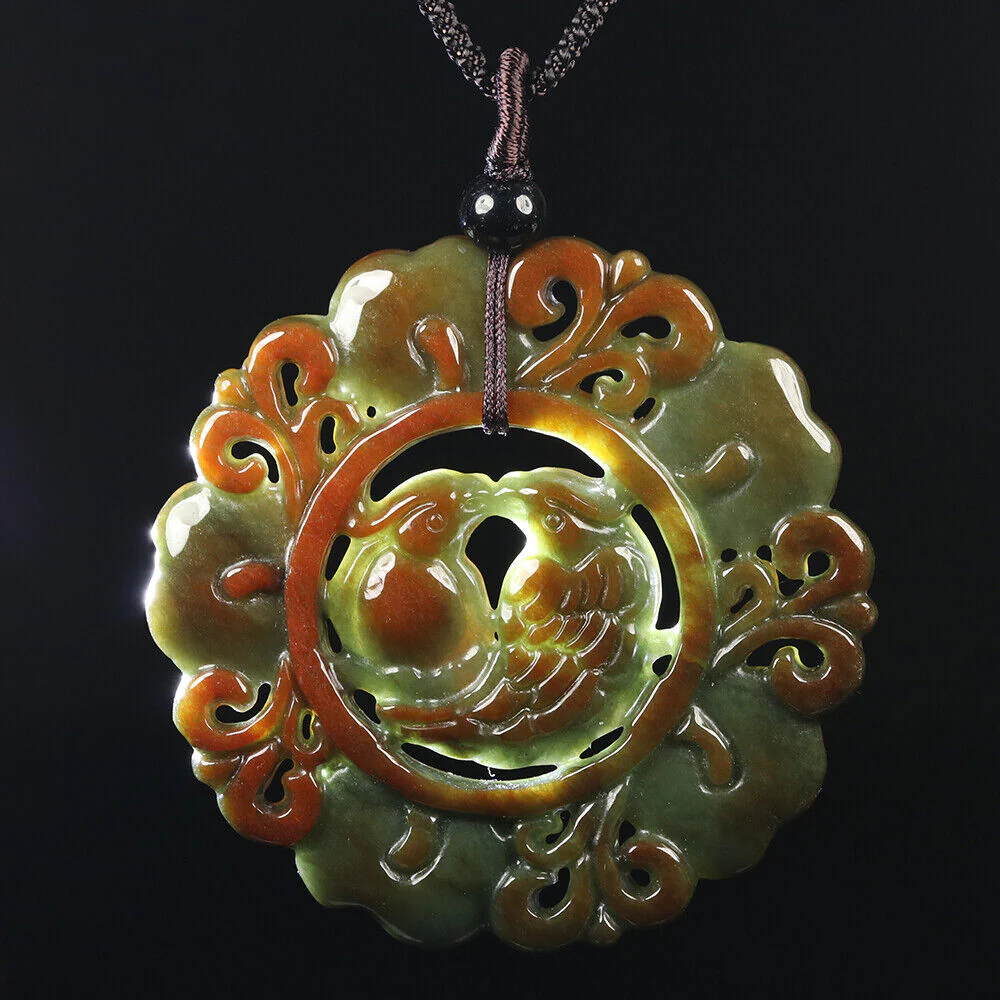 Certified Grade A Red Green Natural Jadeite Jade Pendant Flower Birds - Image 10