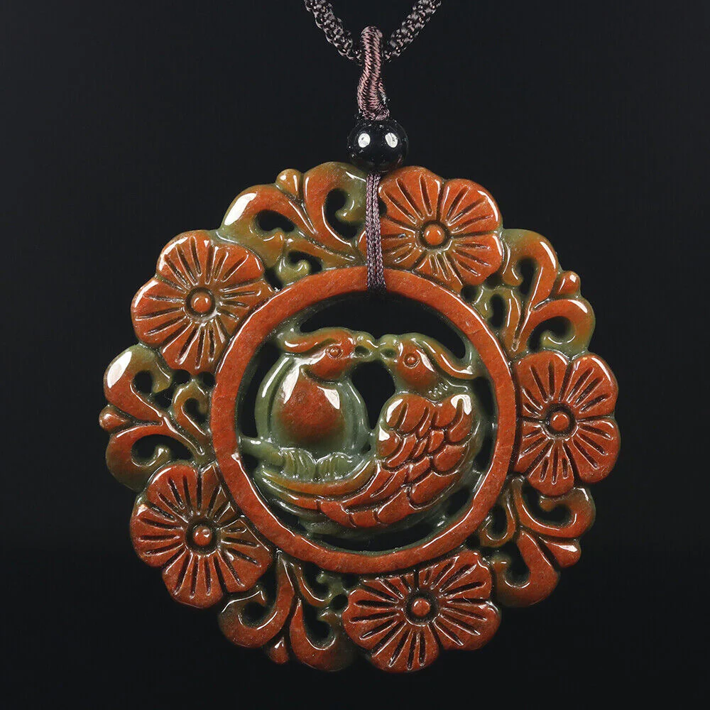 Certified Grade A Red Green Natural Jadeite Jade Pendant Flower Birds - Image 2