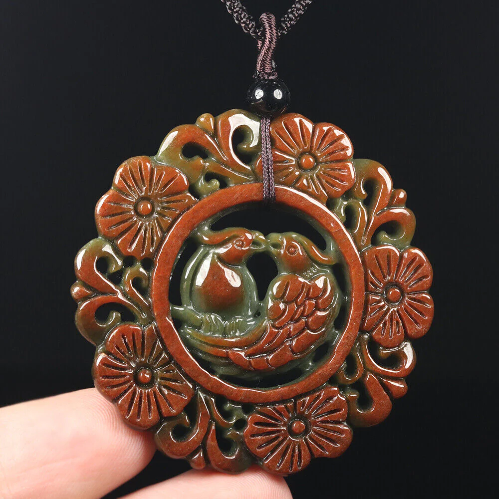 Certified Grade A Red Green Natural Jadeite Jade Pendant Flower Birds - Image 3