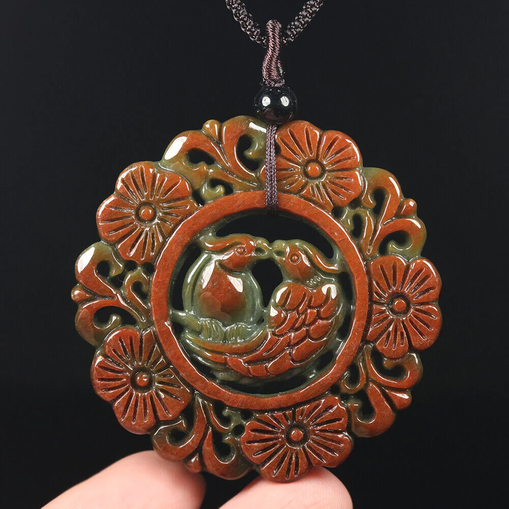Certified Grade A Red Green Natural Jadeite Jade Pendant Flower Birds - Image 5