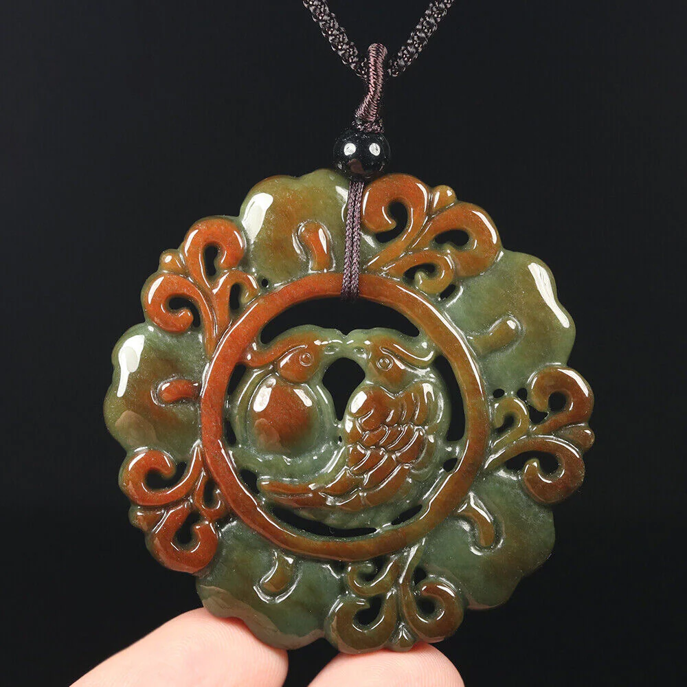 Certified Grade A Red Green Natural Jadeite Jade Pendant Flower Birds - Image 6