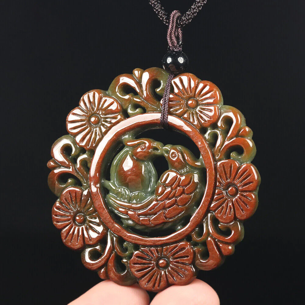 Certified Grade A Red Green Natural Jadeite Jade Pendant Flower Birds - Image 7