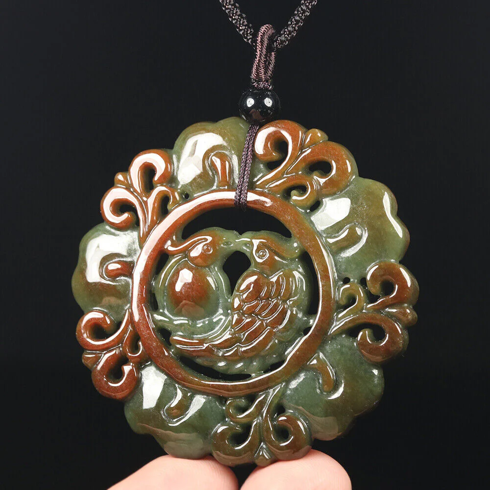 Certified Grade A Red Green Natural Jadeite Jade Pendant Flower Birds - Image 8