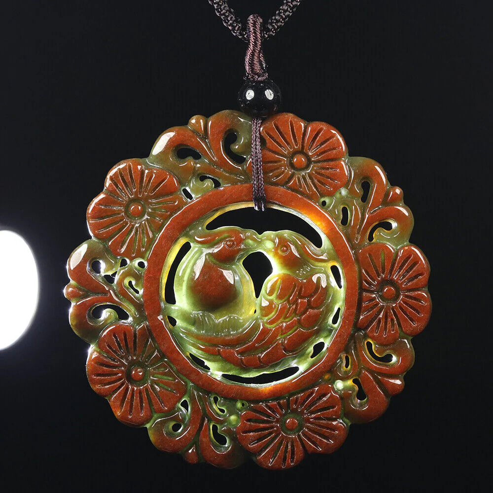Certified Grade A Red Green Natural Jadeite Jade Pendant Flower Birds - Image 9