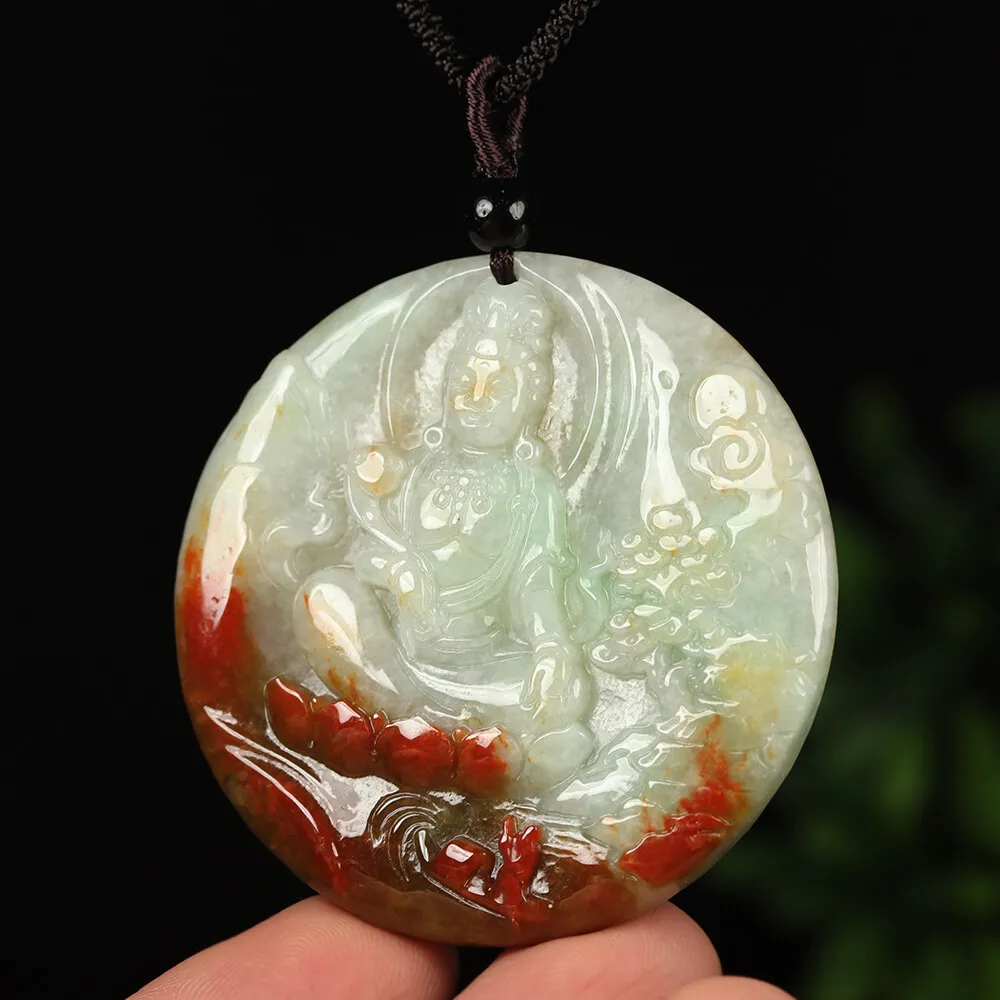 Certified Grade A Red Green Natural Jadeite Jade Pendant Kwan-Yin - Image 2
