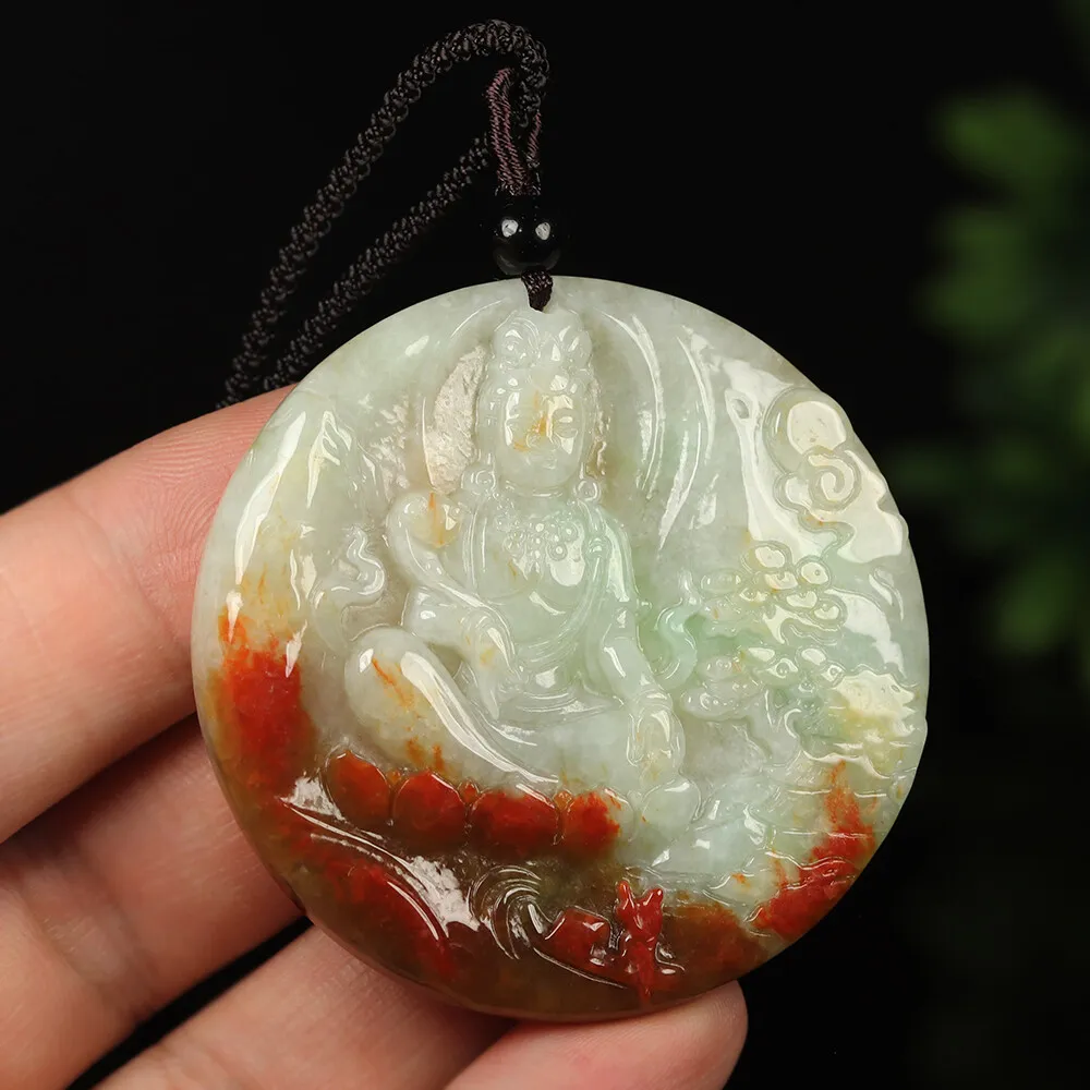 Certified Grade A Red Green Natural Jadeite Jade Pendant Kwan-Yin - Image 3