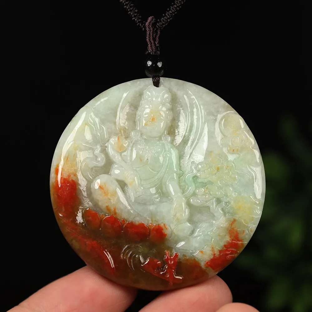 Certified Grade A Red Green Natural Jadeite Jade Pendant Kwan-Yin - Image 4