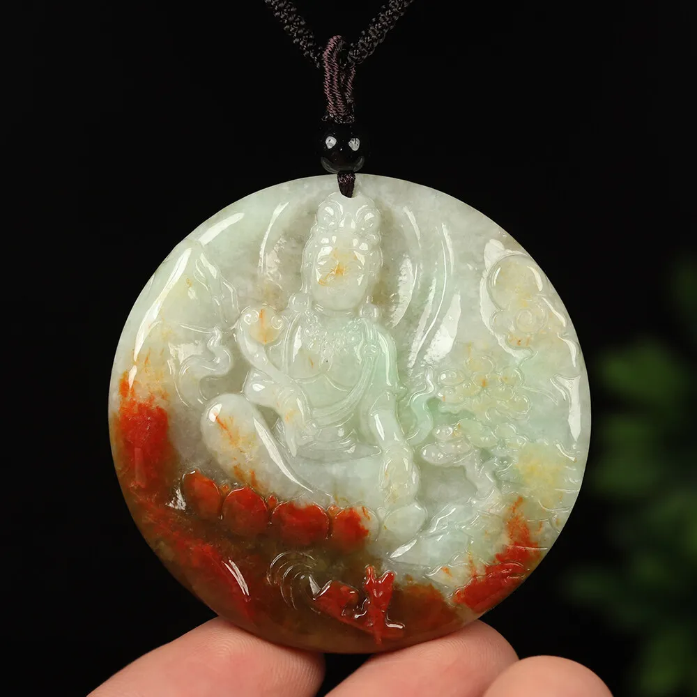 Certified Grade A Red Green Natural Jadeite Jade Pendant Kwan-Yin - Image 5