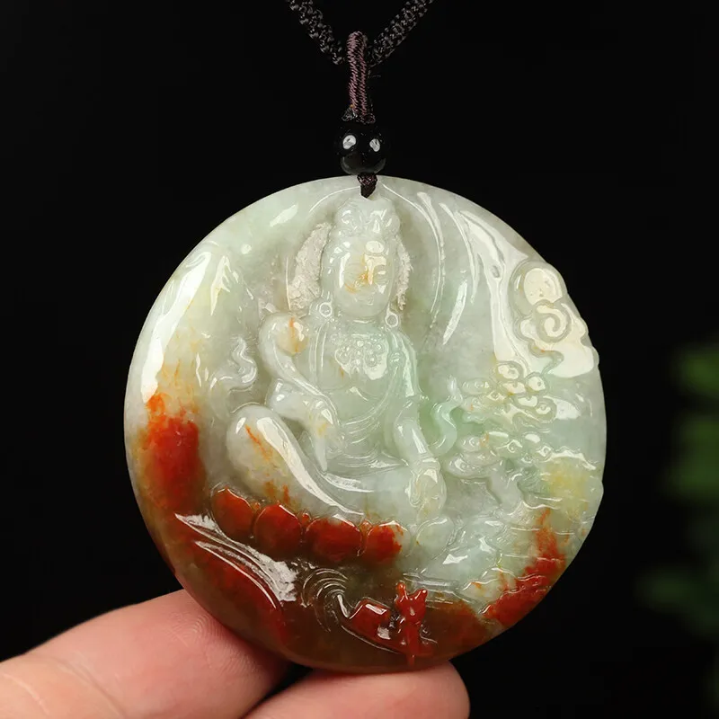Certified Grade A Red Green Natural Jadeite Jade Pendant Kwan-Yin - Image 6
