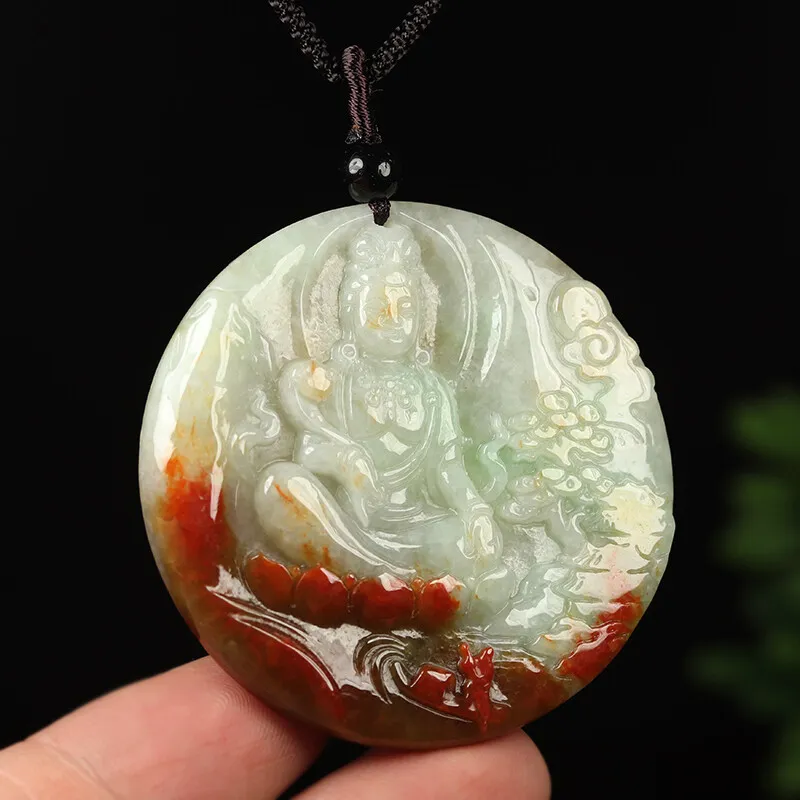 Certified Grade A Red Green Natural Jadeite Jade Pendant Kwan-Yin - Image 7