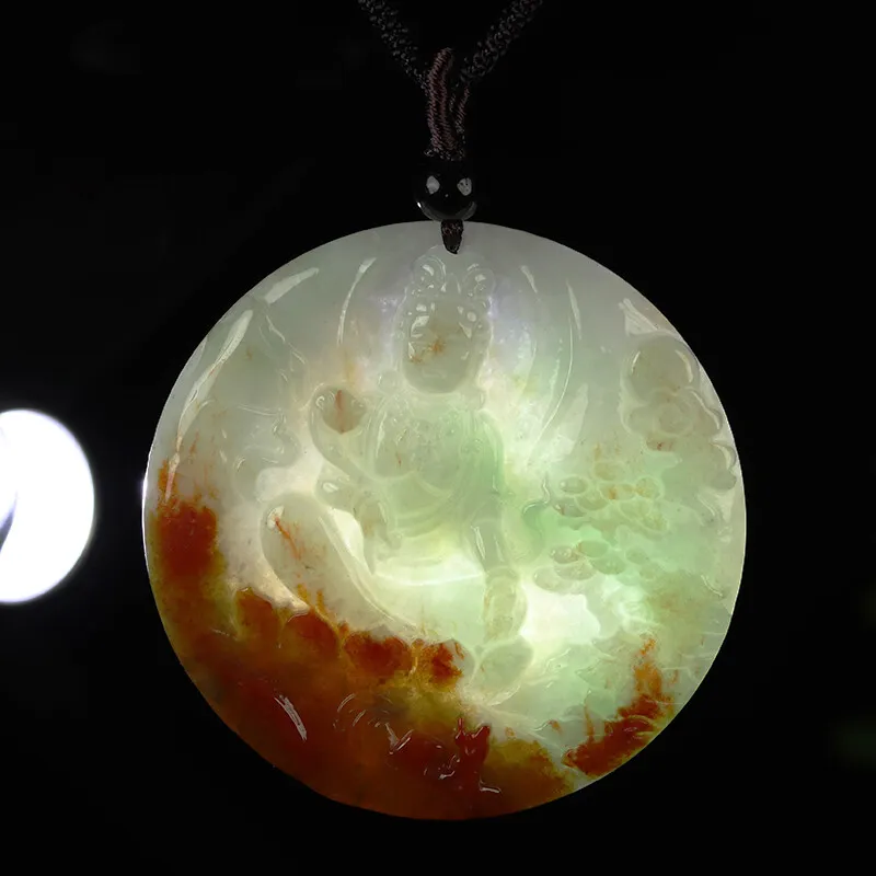 Certified Grade A Red Green Natural Jadeite Jade Pendant Kwan-Yin - Image 8