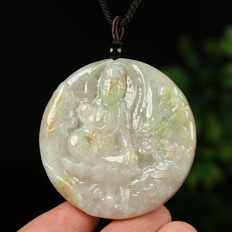 Certified Grade A Red Green Natural Jadeite Jade Pendant Kwan-Yin Necklace - Image 2