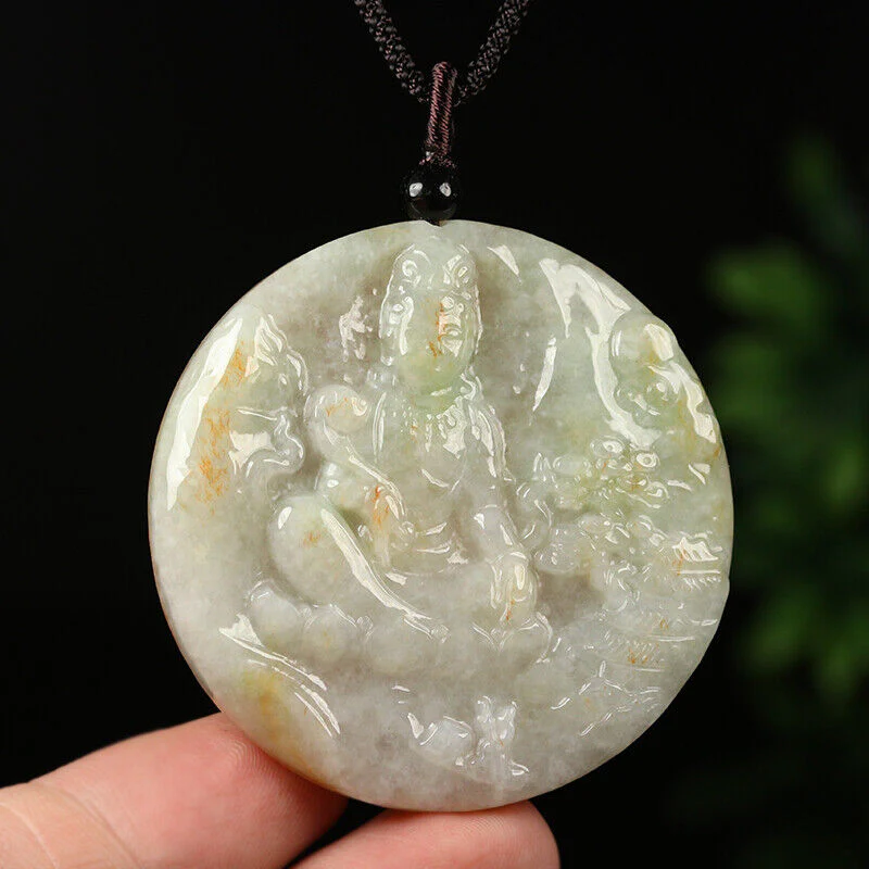 Certified Grade A Red Green Natural Jadeite Jade Pendant Kwan-Yin Necklace - Image 3