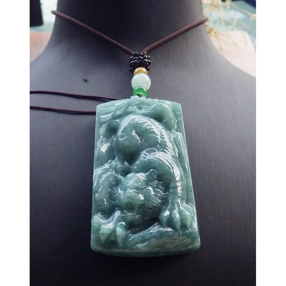 Certified Green 100% Burma Natural A Jade Jadeite Pendant Tiger Necklace - Image 2