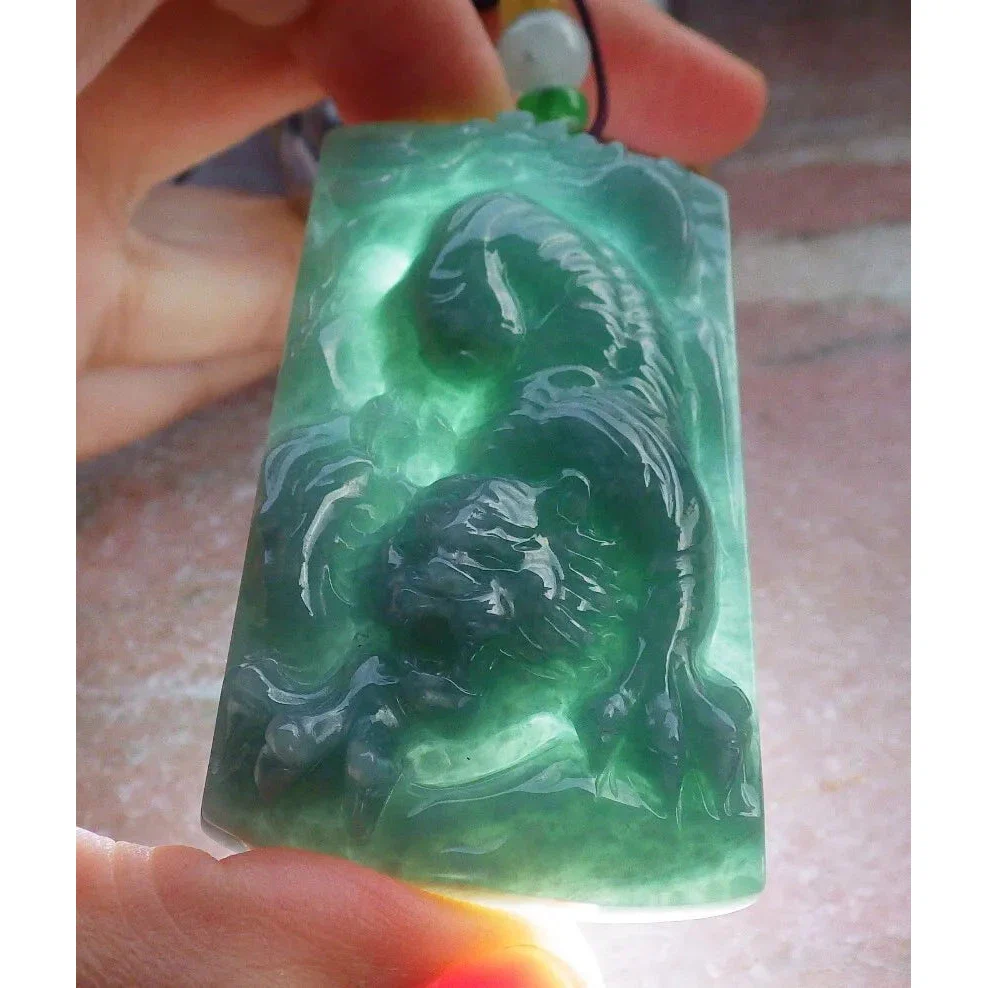 Certified Green 100% Burma Natural A Jade Jadeite Pendant Tiger Necklace - Image 3