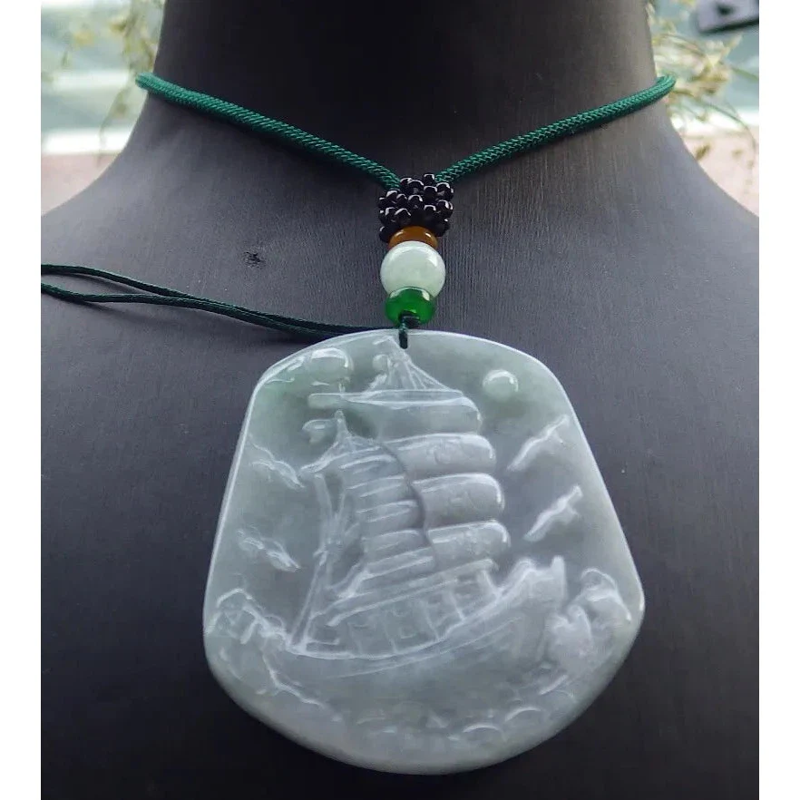 Certified Green 100% Natural A Jade Jadeite Pendant Sailboat Necklace - Image 2